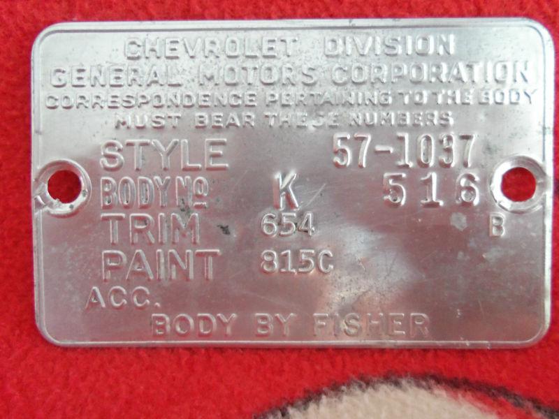 1957 chevy model 210  2 door  sport coupe cowl tag