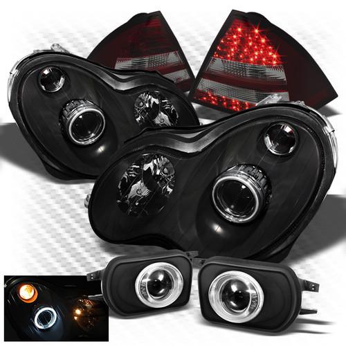 01-05 w203 c-class black ccfl headlights + r/s led tail lights + pro fog lights