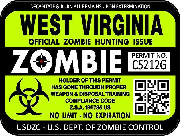 West virginia zombie hunting license permit 3"x4" decal sticker outbreak 1258