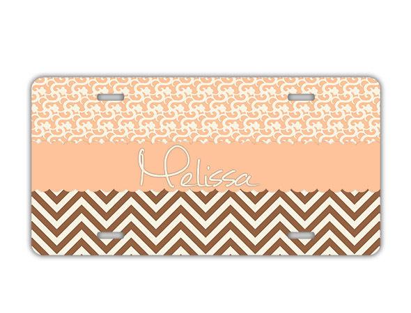 Monogram chevron license plate peach w chocolate chevron monogram car tag (1009)