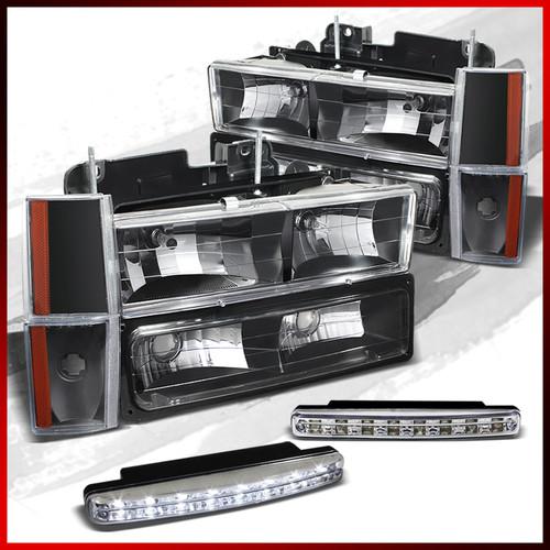 94-99 gmc c/k black headlights+corner signal parking lights+ drl led light strip