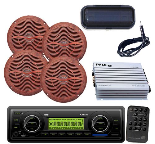 4-6.5&#034;wood like speakers, antenna, amp, cover+ boat aux wb mp3 sd am/fm receiver