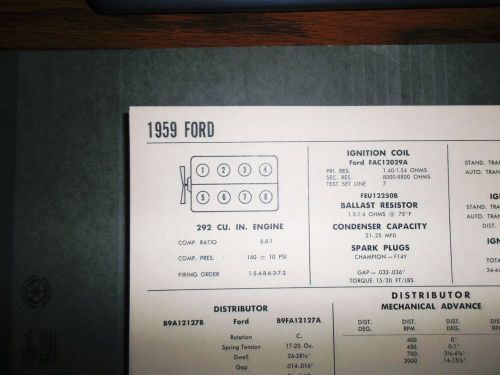 1959 ford 292 cubic inch v8 sun electric corp tune up chart excellent condition!