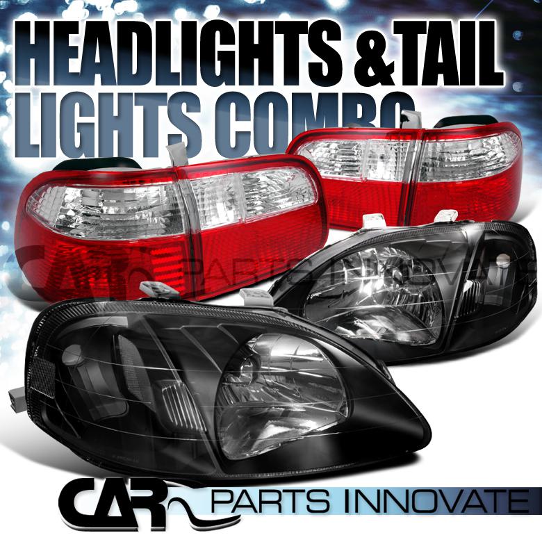 Honda 99-00 civic 4dr crystal black headlights+red clear rear tail lamps