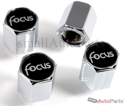 (4) ford focus black logo chrome abs tire/wheel stem air valve caps covers set