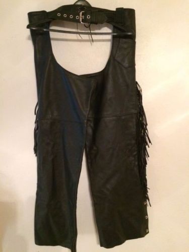 Frontier leather fringed black chaps made in the usa size l