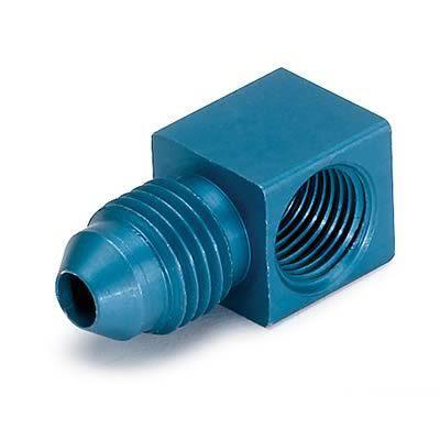 Autometer right angle fitting for pressure gauges using #4 braided ss line blue