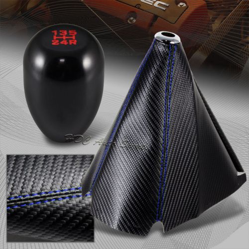 Jdm carbon style blue stitch manual shift boot + black 5-speed shifter knob 1