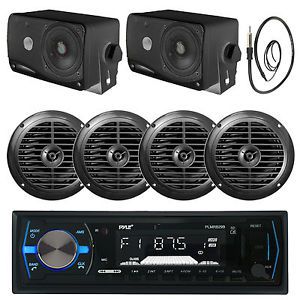 Black pyle usb bluetooth boat radio, 3.5&#034; box speakers, 4 marine 6.5&#034; speakers