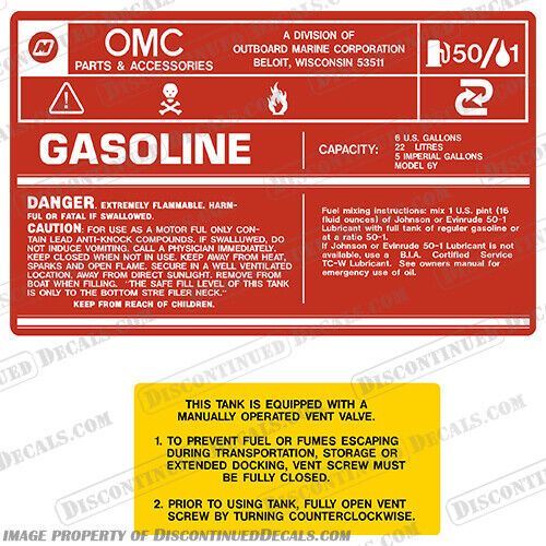 Fits omc 6 gallon 6y fuel tank decal gas