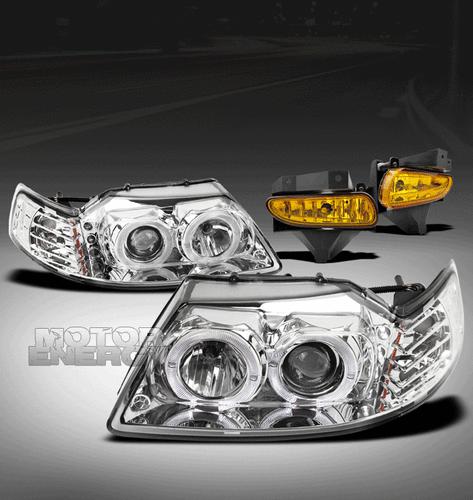 1999-2004 ford mustang halo led projector head lights+yellow fog lamp left+right