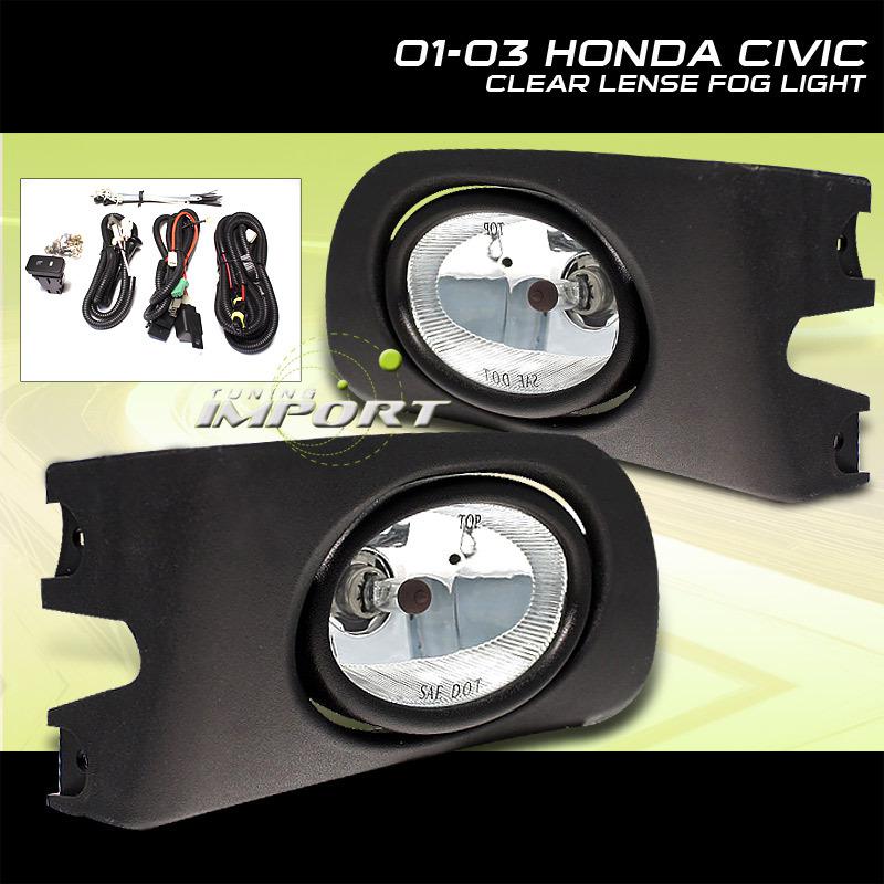 Honda 01-03 civic coupe/sedan clear fog lights w/wiring harness kit pair lh+rh