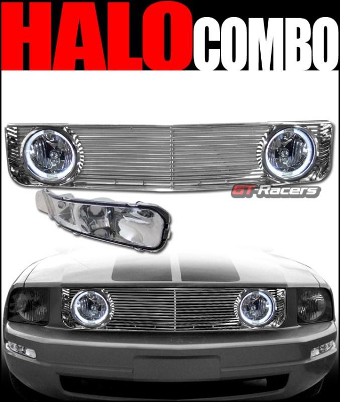 Chrome front grill grille h w/halo fog+signal bumper lights 2005-2009 mustang v6