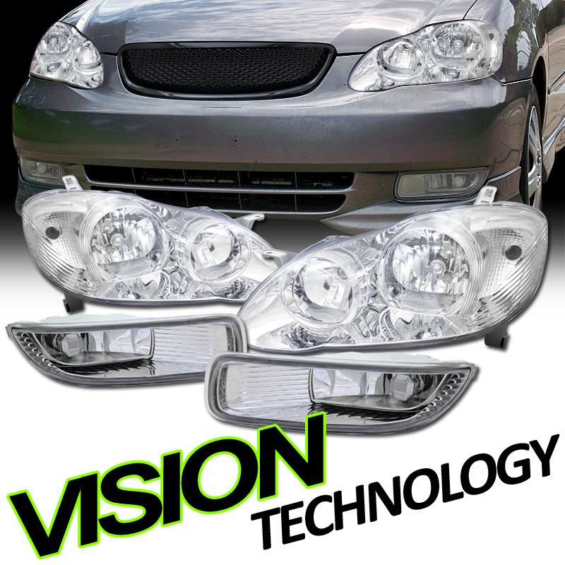 03-04 toyota corolla 4d/4dr sedan headlights headlamps+clear lens fog lights kit