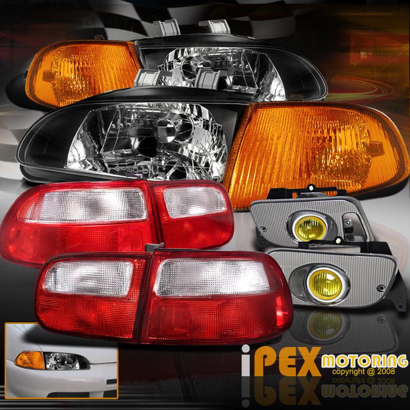 92-95 civic hatchback jdm black headlights+amber corner+yellow fog+tail light eg