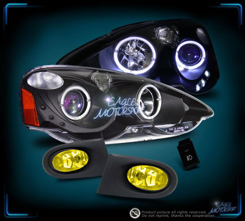 2002-2004 acura rsx black halo projector headlights left right yellow fog lamps