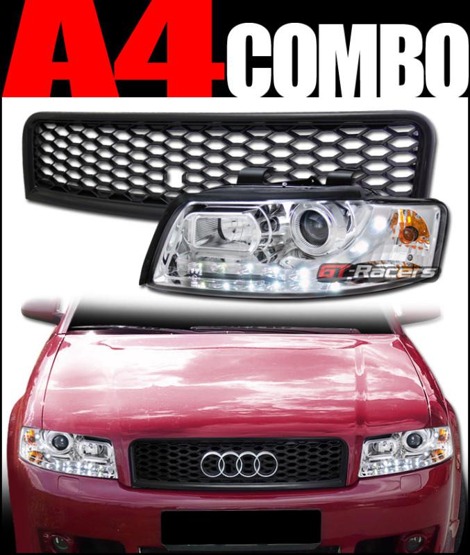 Chrome led projector head lights+mesh hood grill grille blk 2002+ audi a4 b6