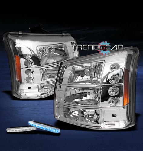 03-06 silverado avalanche led chrome crystal head lights+blue drl bumper signal