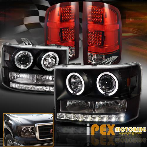 07-13 gmc sierra 1500 2500hd led halo projector head light w/ red led tail lamps