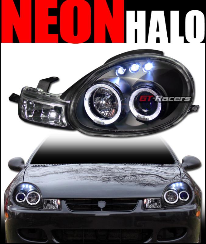 Blk drl led 2*halo rims projector head lights lamps signal 2000-2002 dodge neon