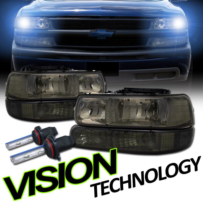 99-02 silverado 1500 2500 3500 hd smoke lens head lights+bumper lamps+8000k hid