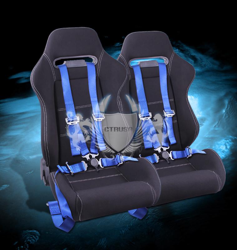 2x universal black/white fabric racing seat +4-pt blue camlock harness seat belt