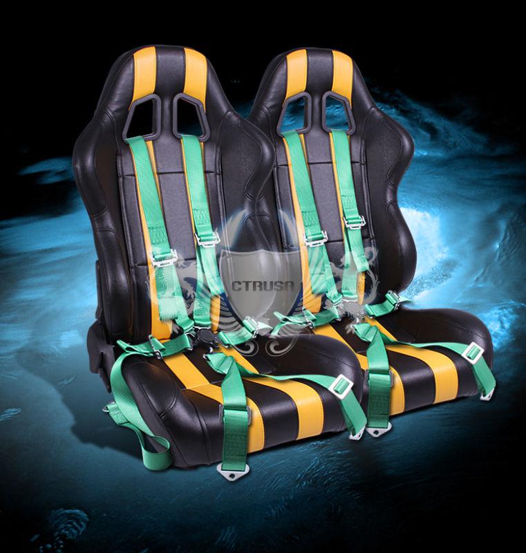 2x blk/yellow stripe pvc/vinyl leather racing bucket seats+6-pt green camlock