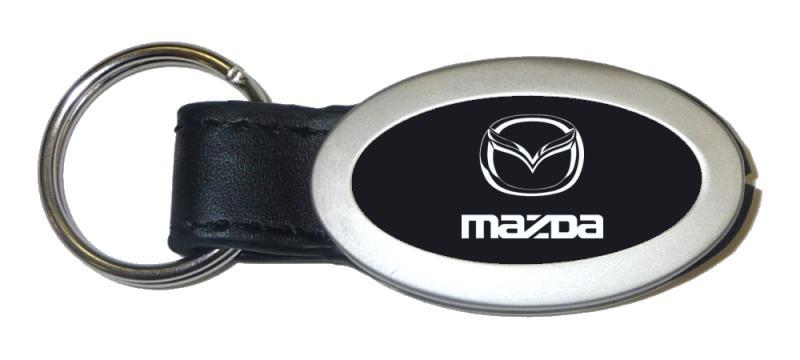 Mazda black oval leather metal key chain ring tag key fob logo lanyard