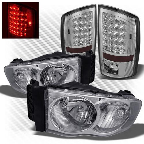 02-05 ram 1500, 03-05 2/3500 chrome headlights + led perform tail lights combo