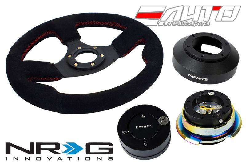 Nrg 320mm race suede red stitch steering wheel 141h hub 2.8 bkmc release lock mb