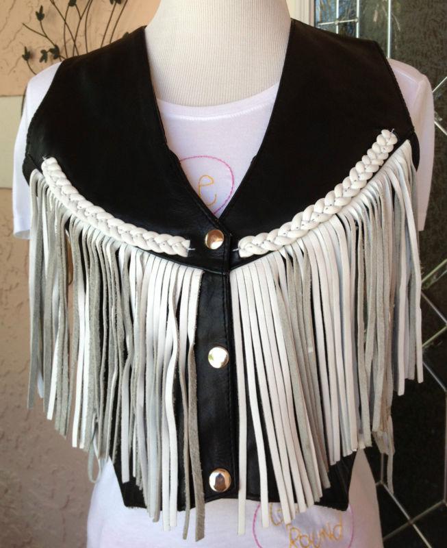 Hot leathers womens xs 3-snapfront white fringe on black leather vest top ~great