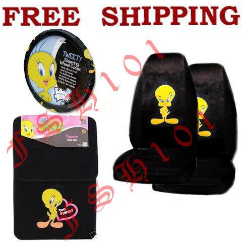 New set tweety bird seat covers steering wheel cover & floor mats