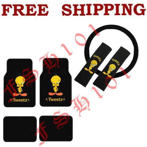 New 7pc set cartoon tweety bird belt covers steering wheel cover floor mats