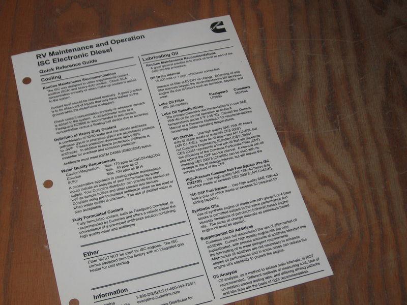 Cummins isc rv  diesel engine operator maintenance manual quick reference