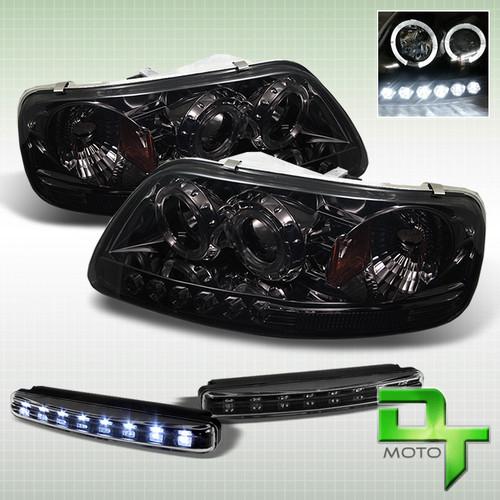 Drl led bumper fog + smoke 97-03 f150 f250 expedition halo projector headlights