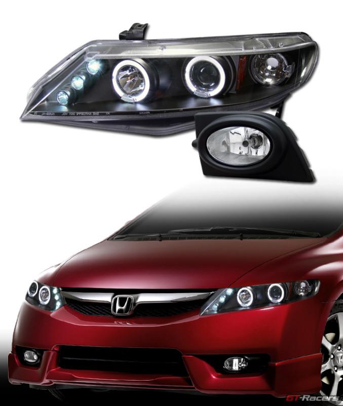 Blk halo led projector head lights amber jy+bumper fog 06-08 honda civic 4d 4dr