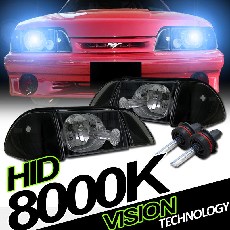 9007 bulb high/low beam hid 87-93 mustang black head lights+signal/parking lamps