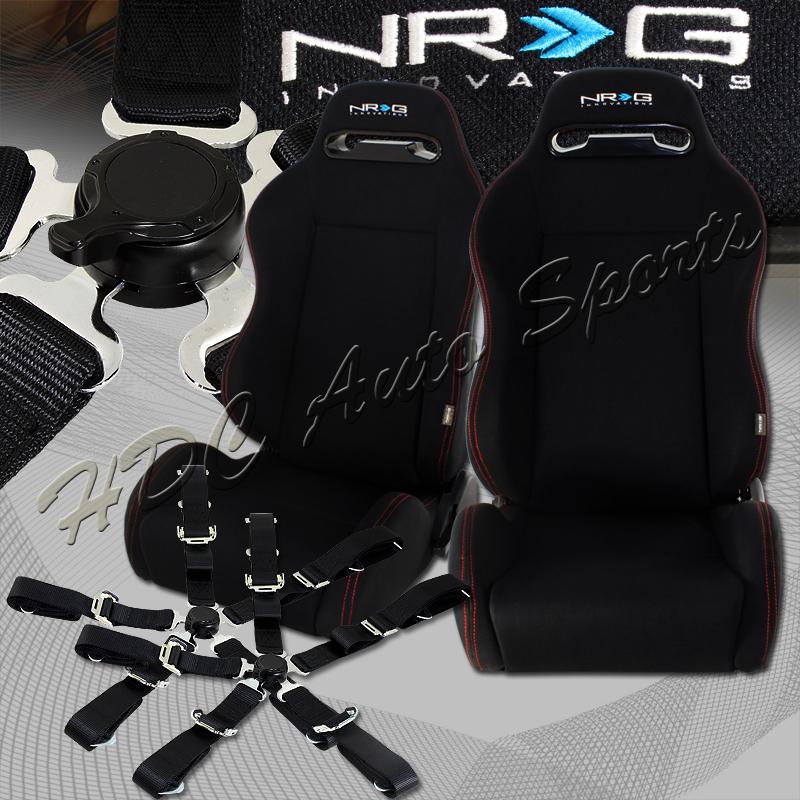 2x nrg black cloth red stitching reclining racing seats + black 5pt seat belts