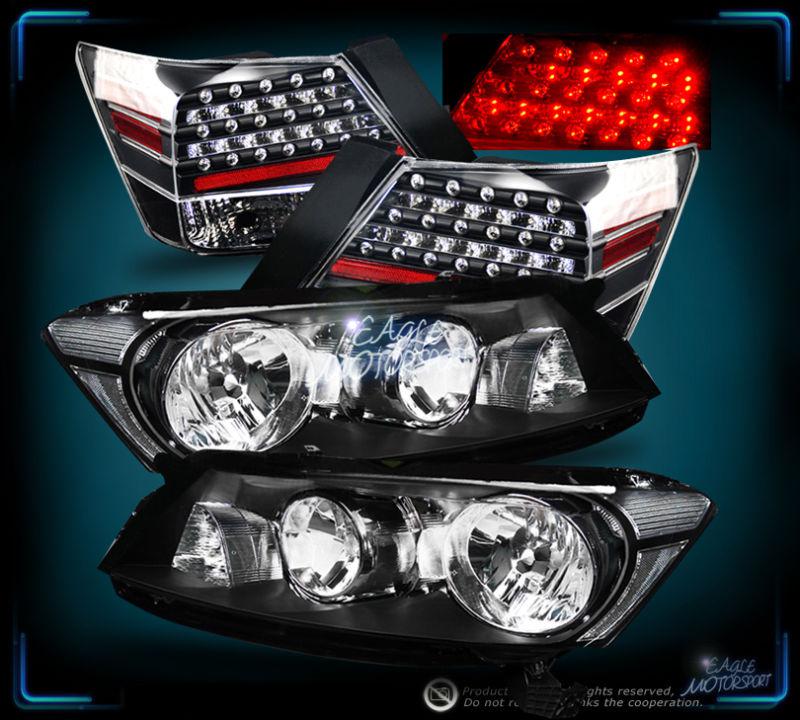 2008-2012 honda accord 4dr sedan crystal black headlights/blk led tail rear lamp