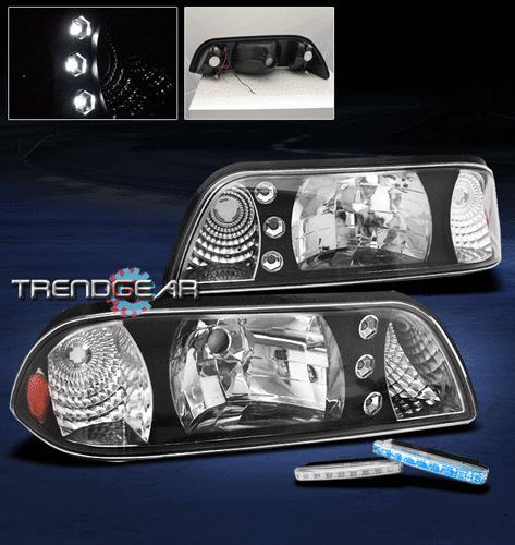 87-93 ford mustang led black crystal head lights+blue drl kit 2in1 corner signal