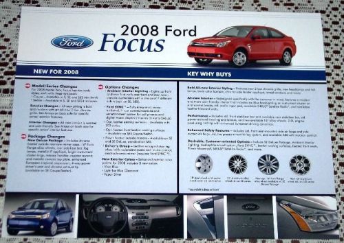 New dealer only 2008 ford focus 2 sided literature brochure 2 sided hero card!