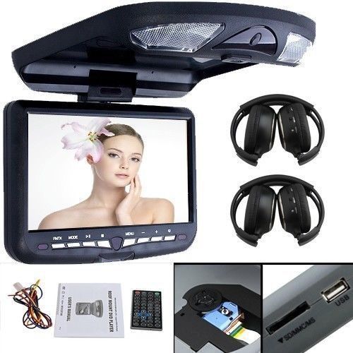 2pcs headphones+ car black flip down roof mount ceiling overhead dvd player