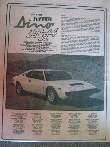 Very large original &amp; rare 1975 ferrari dino 308gt4 b&amp;w advertisement