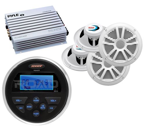 400w marine amplifier, jensen am fm usb aux marine radio, 4 white 6.5&#034; speakers