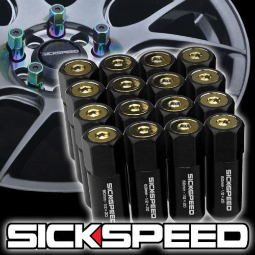 16 black/24k gold capped aluminum 60mm extended tuner lug nuts wheels 1/2x20 l30