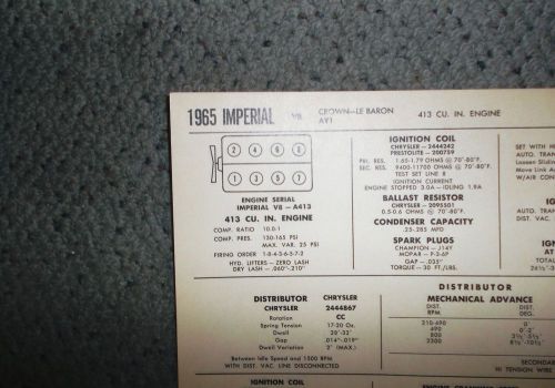 1965 chrysler imperial eight series crown-lebaron models 413 v8 tune up chart