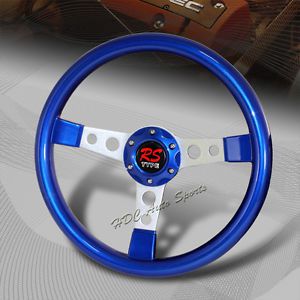 Universal jdm 350mm 6 hole blue finish wood silver spoke racing steering wheel