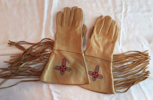 Tan fringe gauntlet deerskin embroidered motorcycle, western gloves