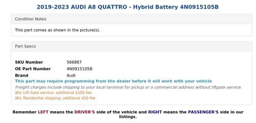 2019-2023 audi a8 quattro - hybrid battery 4n0915105b