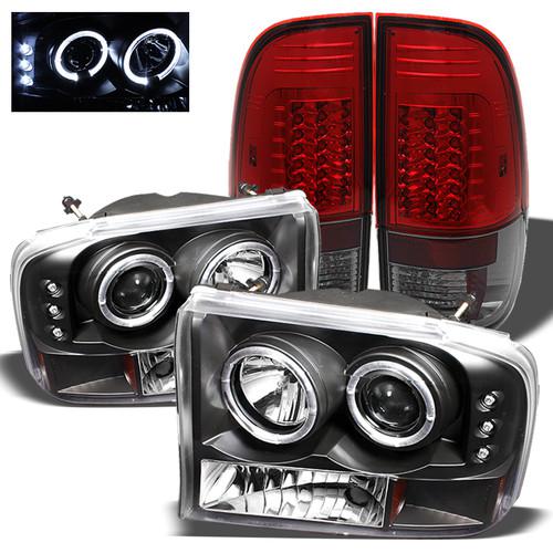 99-04 f250/350 chrome 1pc ccfl halo projector headlights+g2 r/s led tail lights